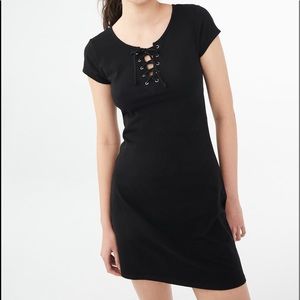 Black Solid Lace Up A-Line Dress